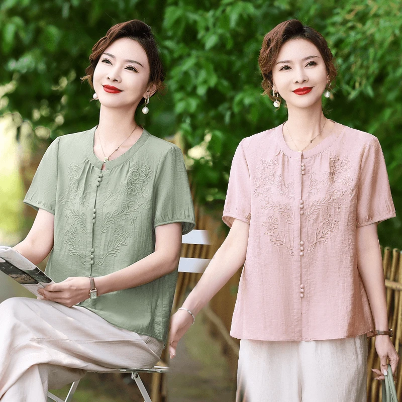 妈妈夏装衬衣短袖小衫中老年女新中式立体洋气宽松上衣刺绣新款