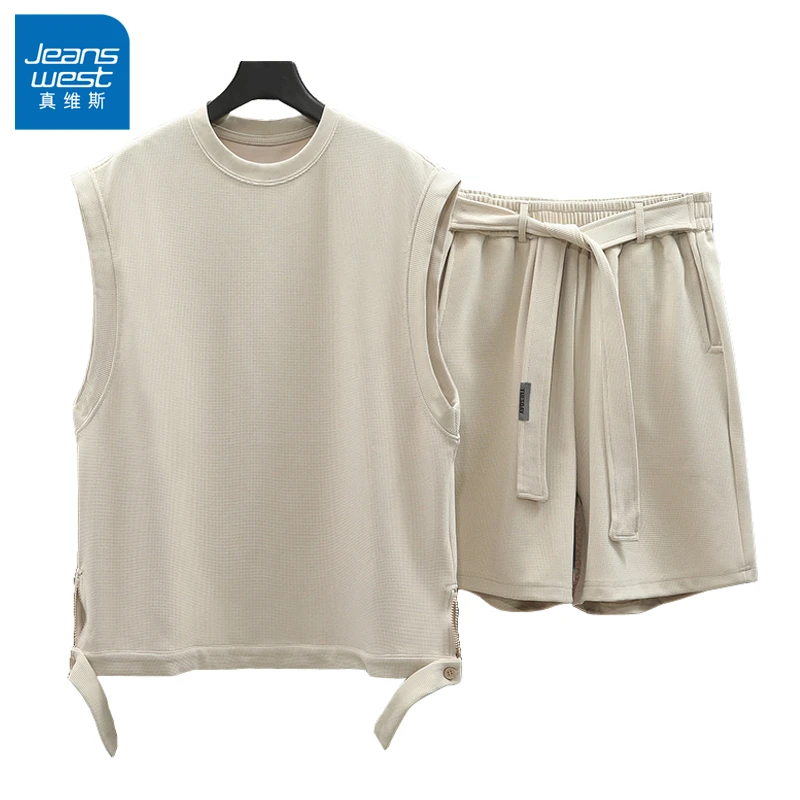 真维斯华夫格短袖男夏季套装2025新款潮流休闲坎肩无袖t恤两件套