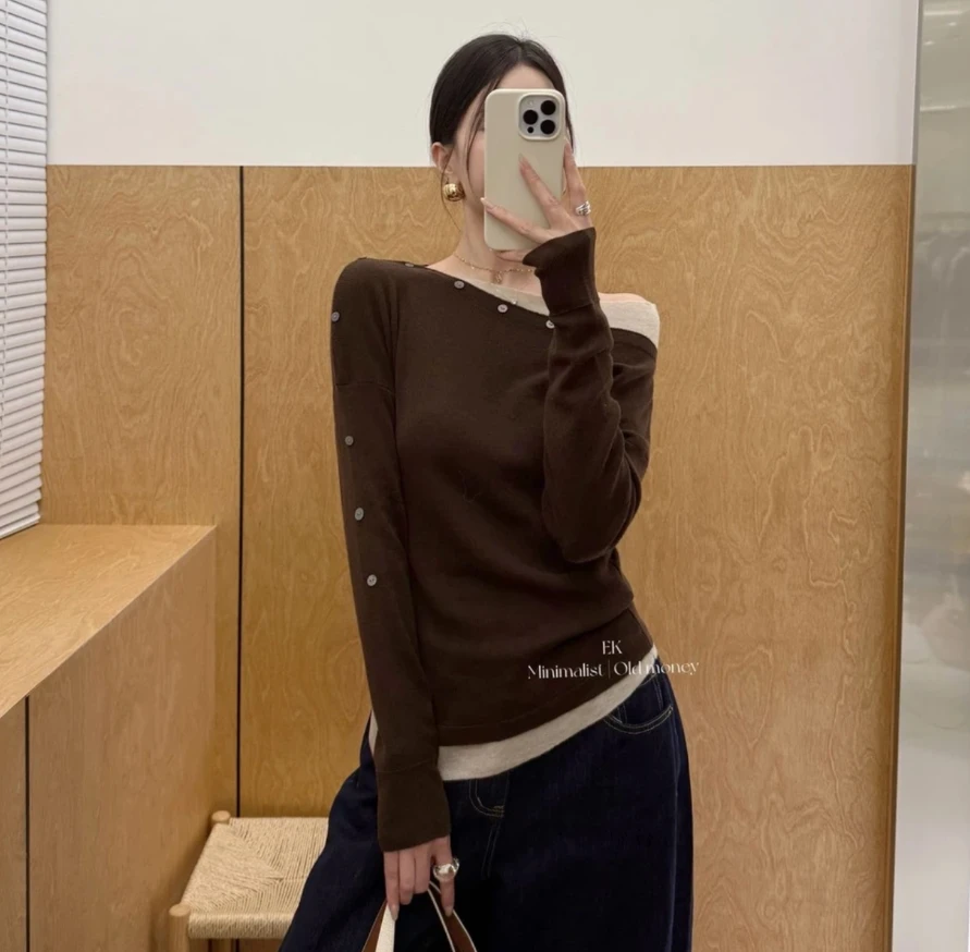【秋暖色】毛针织衫秋季针织百搭拼接休闲风长袖修身秋冬毛衫