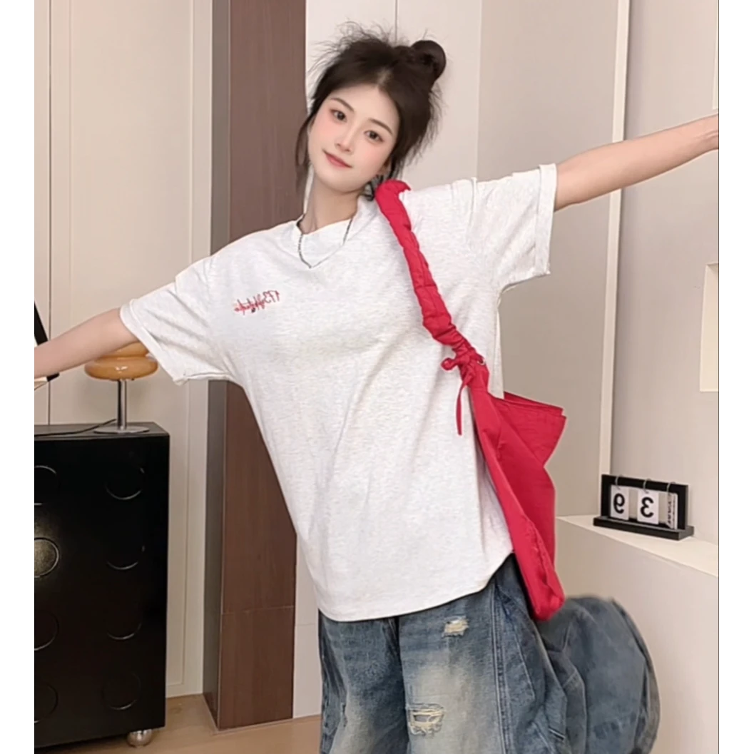 【帝韵】美式复古设计感花卉字母刺绣纯棉短袖t恤女夏情侣休闲上衣