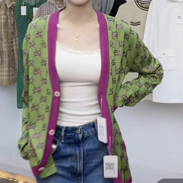 未使用 GUCCI/古驰 满logo水钻针织开衫 绿粉/L