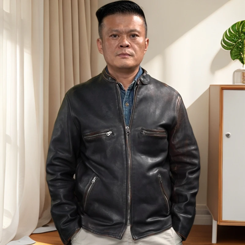 250906全植鞣2.0厚马皮J100款休闲修身百搭水洗复古做旧真皮皮衣