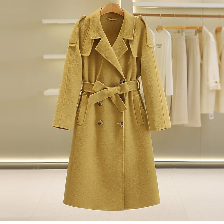 【伍莎-自营】双排扣绑带纯色中长款双面呢外套#GAS48B004