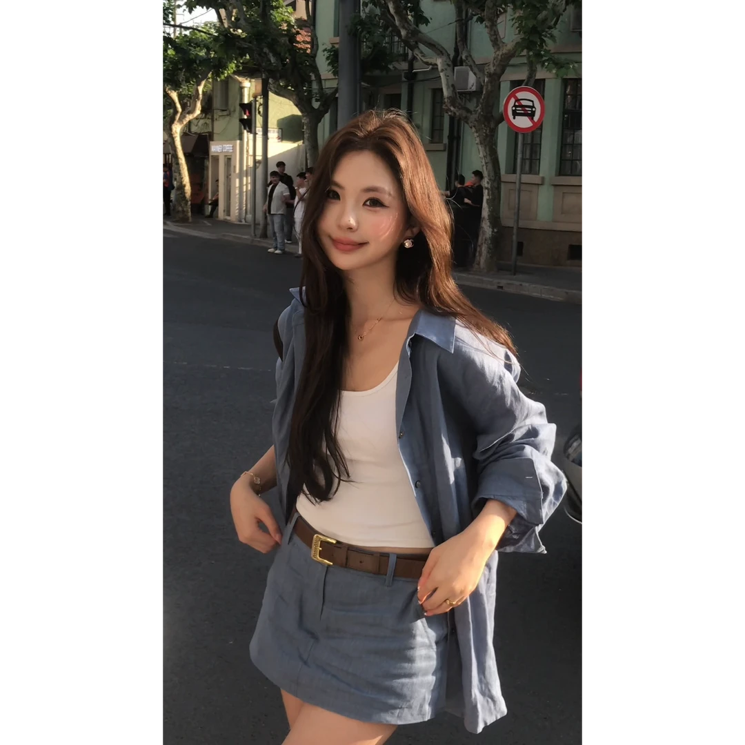 简约风休闲风INS风时尚套装短款复古宽松百搭气质夏季小众显瘦
