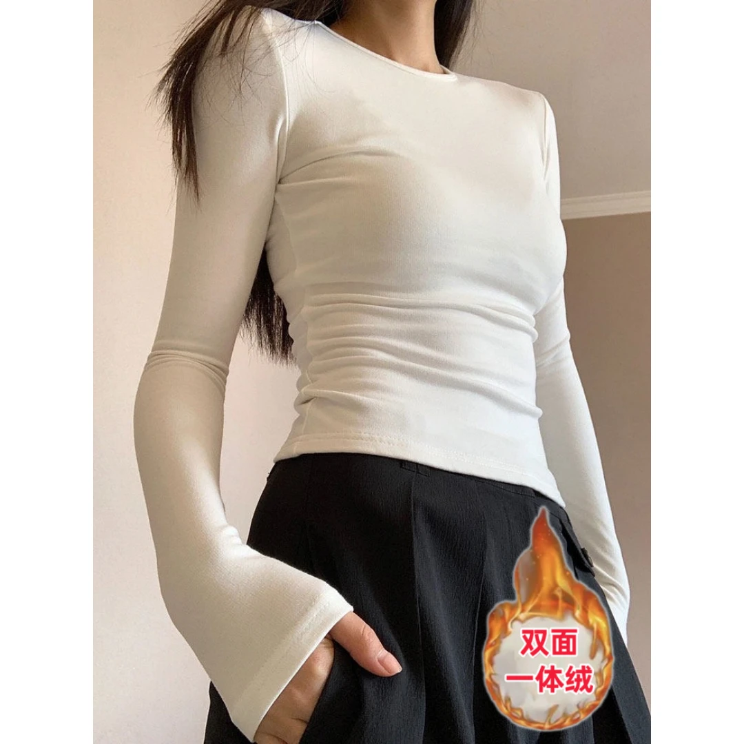 德绒白色打底衫女秋冬内搭加绒加厚保暖修身显瘦紧身收腰长袖上衣
