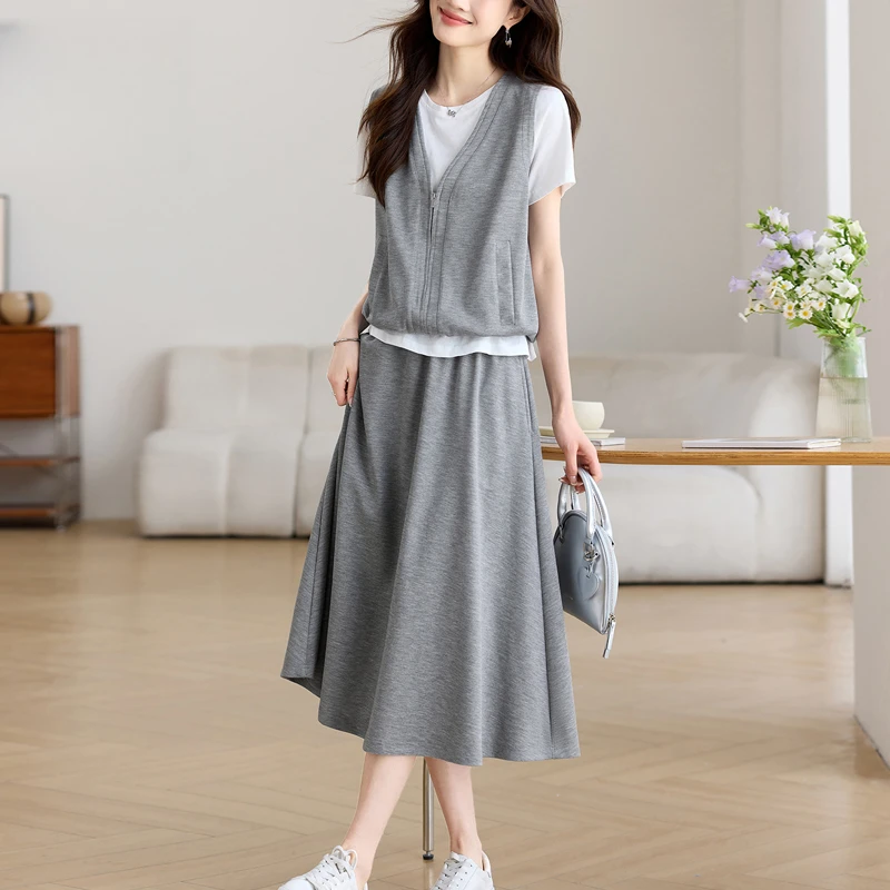 时尚套装女2025年夏季新款宽松休闲减龄半身裙子马甲上衣假两件套