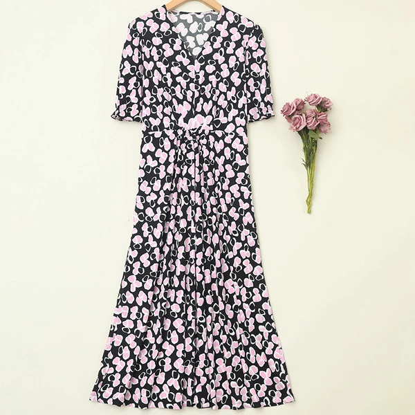 LANZIBES/蓝之蓓夏季真丝长裙V领印花收腰短袖针织连衣裙Q8824