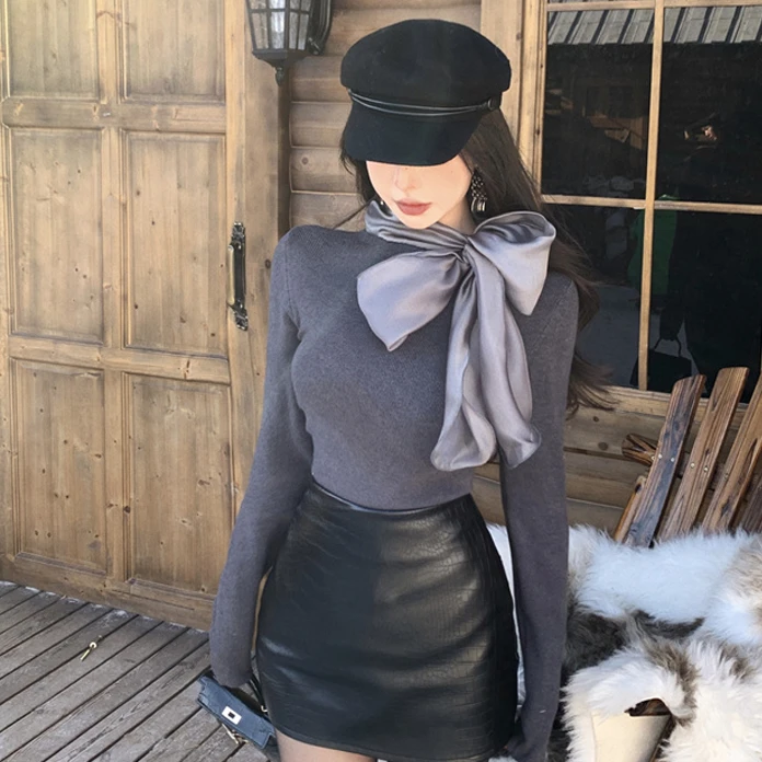 法式蝴蝶结系带长袖针织女2025秋冬季新款修身显瘦内搭打底衫上衣