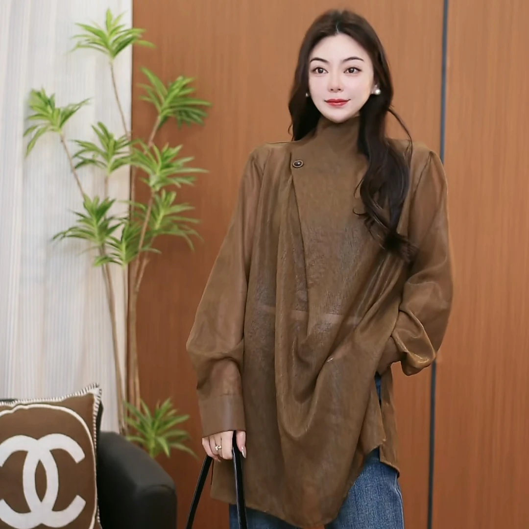 【大蜜】7256#鎏光缎百搭宽松立领静奢风常规款长袖显瘦衬衫纯色