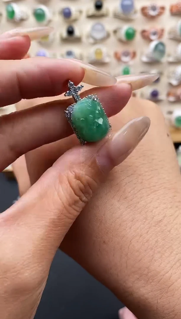 银S925镶嵌戒指翡翠凉**花缅甸天然A货翡翠22  2-2