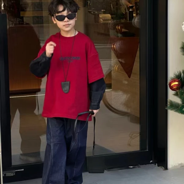 中大童儿童潮童秋季新款木91013休闲百搭宽松卫衣韩版红色卫衣