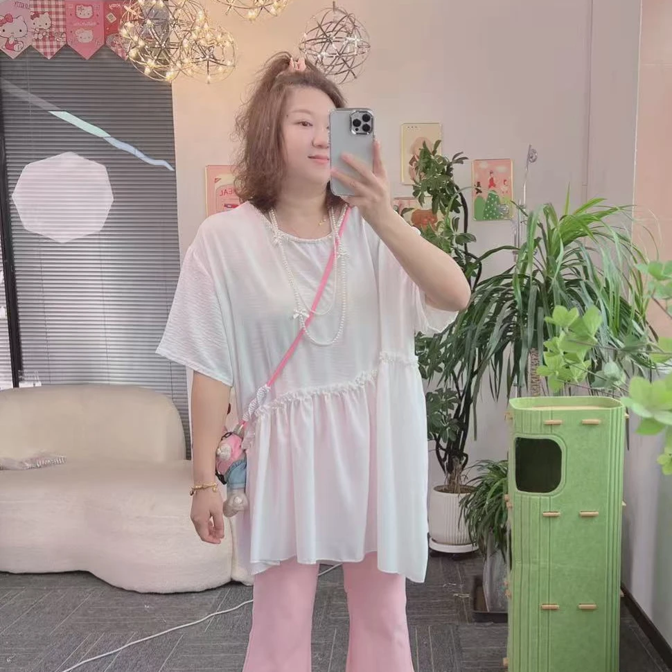 【纯熙+】8867夏季新款钉珠压褶斜下摆T恤短袖女韩版宽松百搭上衣