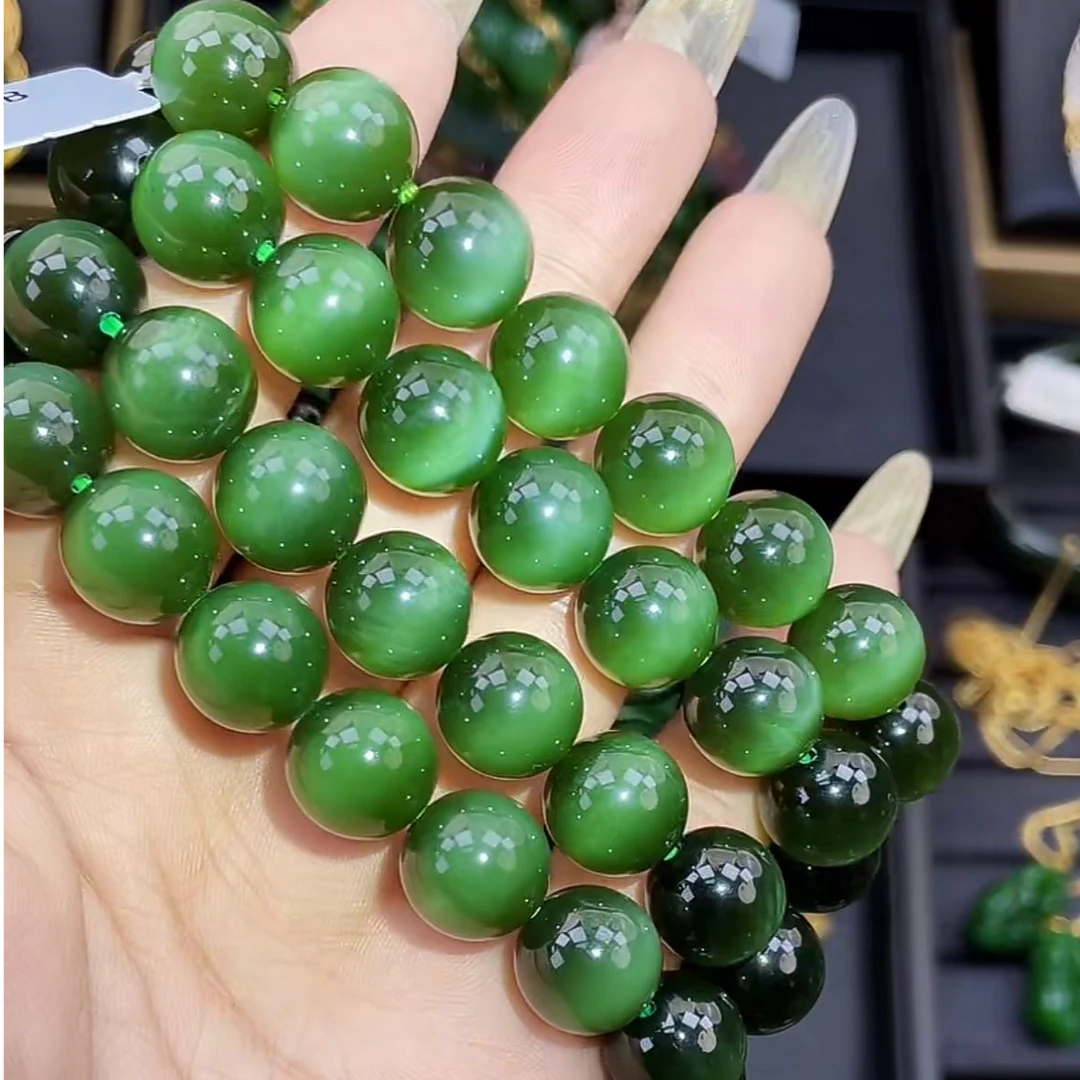 【一夕珠宝】和田玉爆闪绿猫手串丨天然玉石丨多样性发一S1689-1