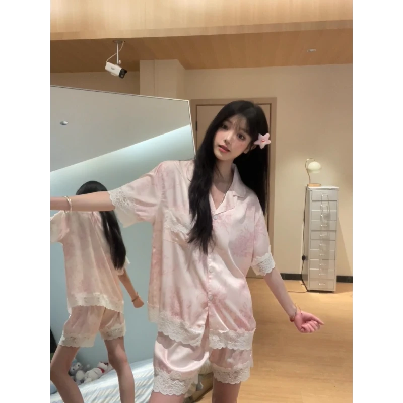 新中式国风少女粉色冰丝睡衣女夏款轻奢高级感宽松短裤家居服套装