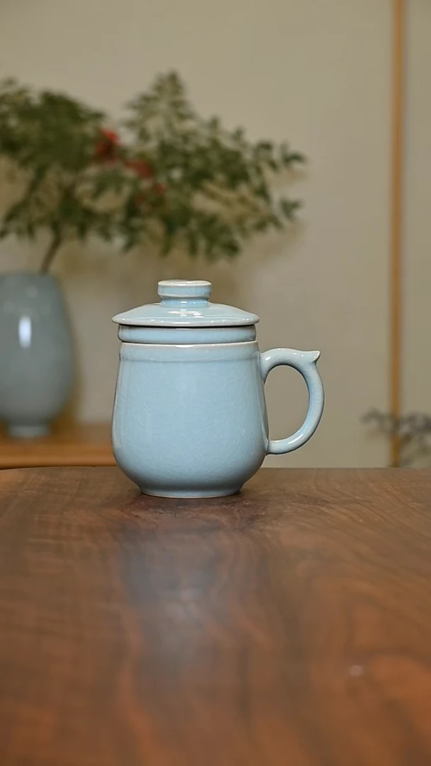 茶水分离杯 天青 微瑕 无款