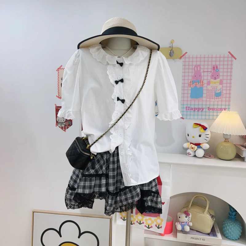 【钱呼呼】清版~2025夏季边娃娃领小蝴蝶结甜美可爱白色短袖衬衫女