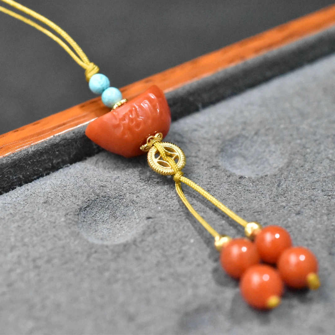 SJ【一九珠宝】S925银南红招财进宝元宝手机挂-卡13mm  YJ9780