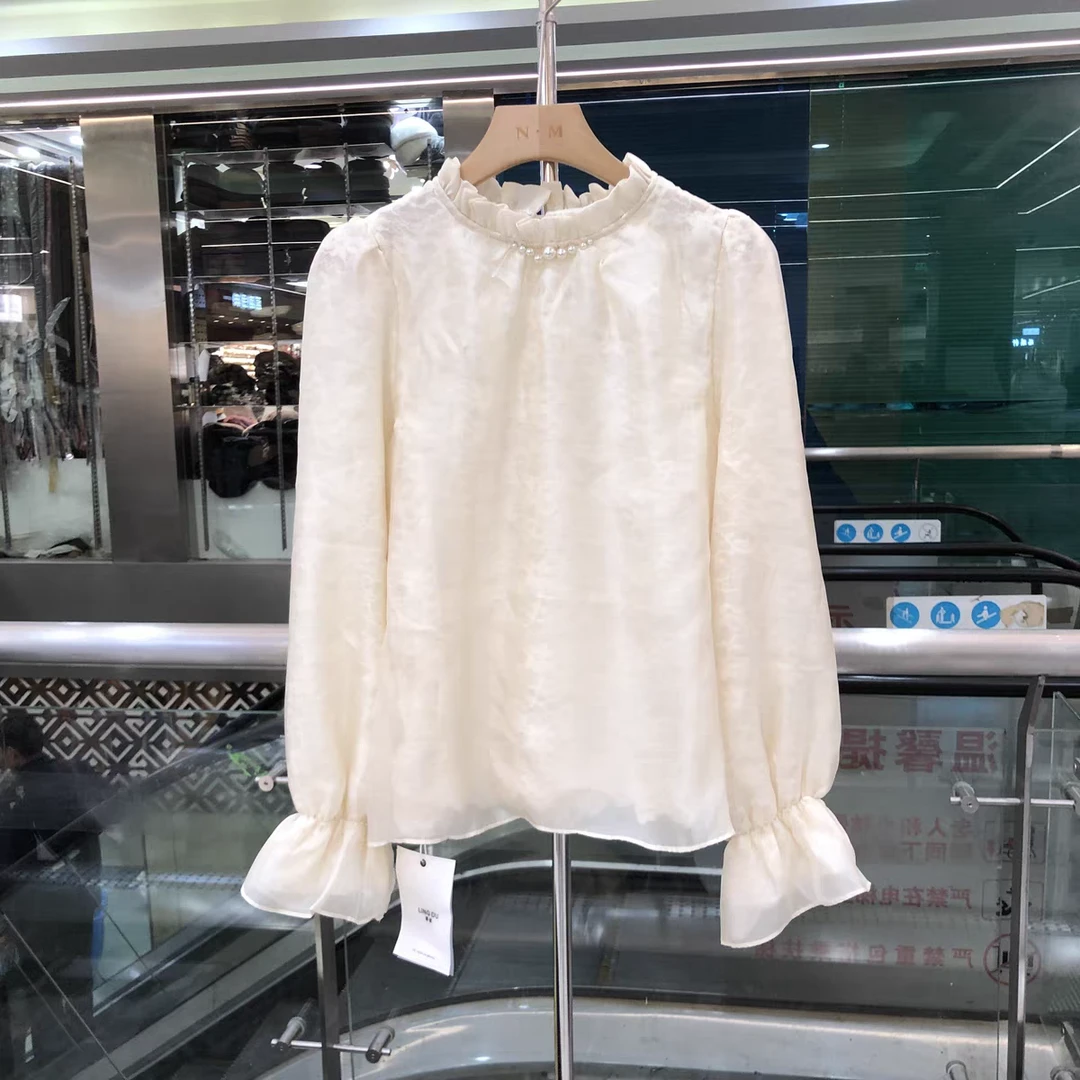 蕾丝春季白色雪纺衫长袖荷叶边时尚衬衫蕾丝衫气质圆领百搭