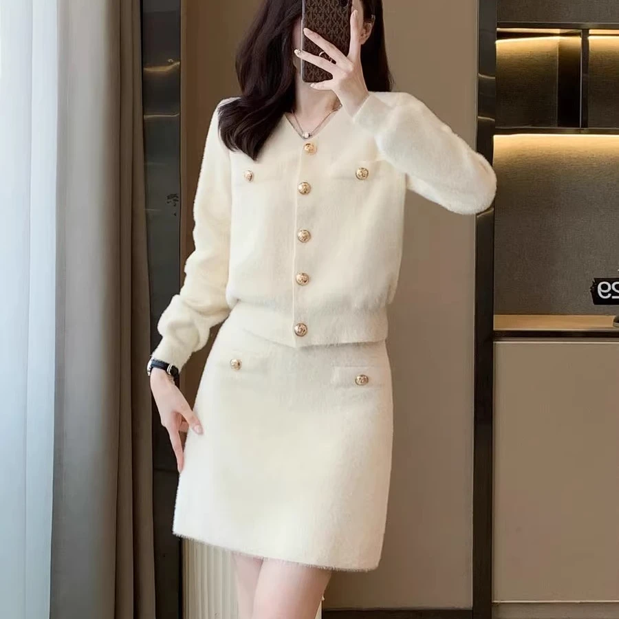 小香风高级感套装女秋冬气质小个子针织开衫毛衣半身裙两件套短裙