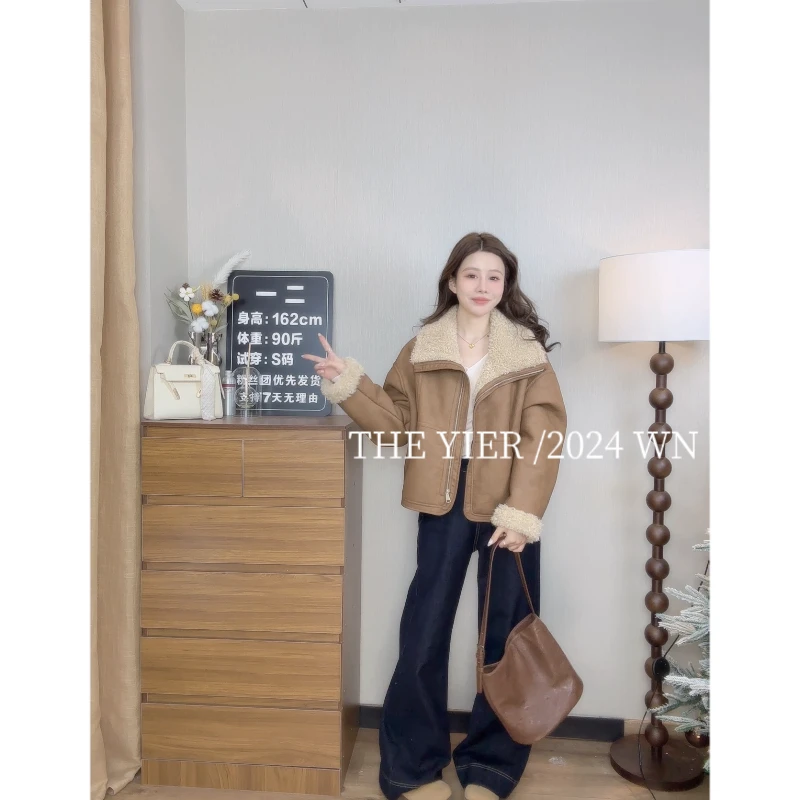 宽松翻领皮毛一体外套羊羔毛绒外套冬季加绒外套3285