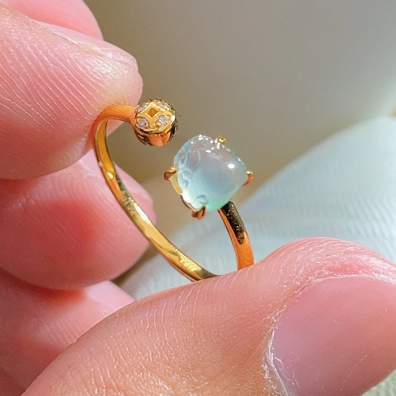 18K金天然翡翠A货-开口戒指冰金蟾三脚蟾貔貅戒指K黄1280