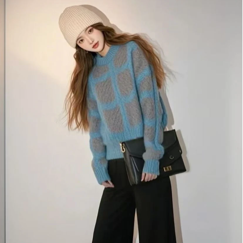 2025新款复古慵懒高级感超好看上衣蓝灰撞色内搭加厚格子毛衣女冬