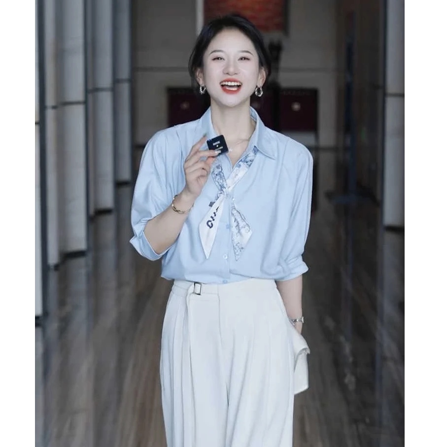 法式五分袖衬衫女夏季新款高级别致优雅丝巾衬衣通勤职业面试上衣