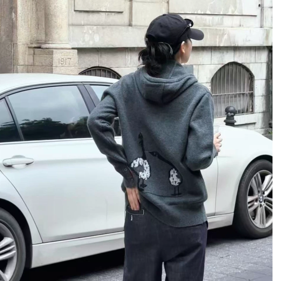 气质宽松型连帽落肩袖拉链门襟毛衫冬季慵懒风时尚开衫长袖毛衣