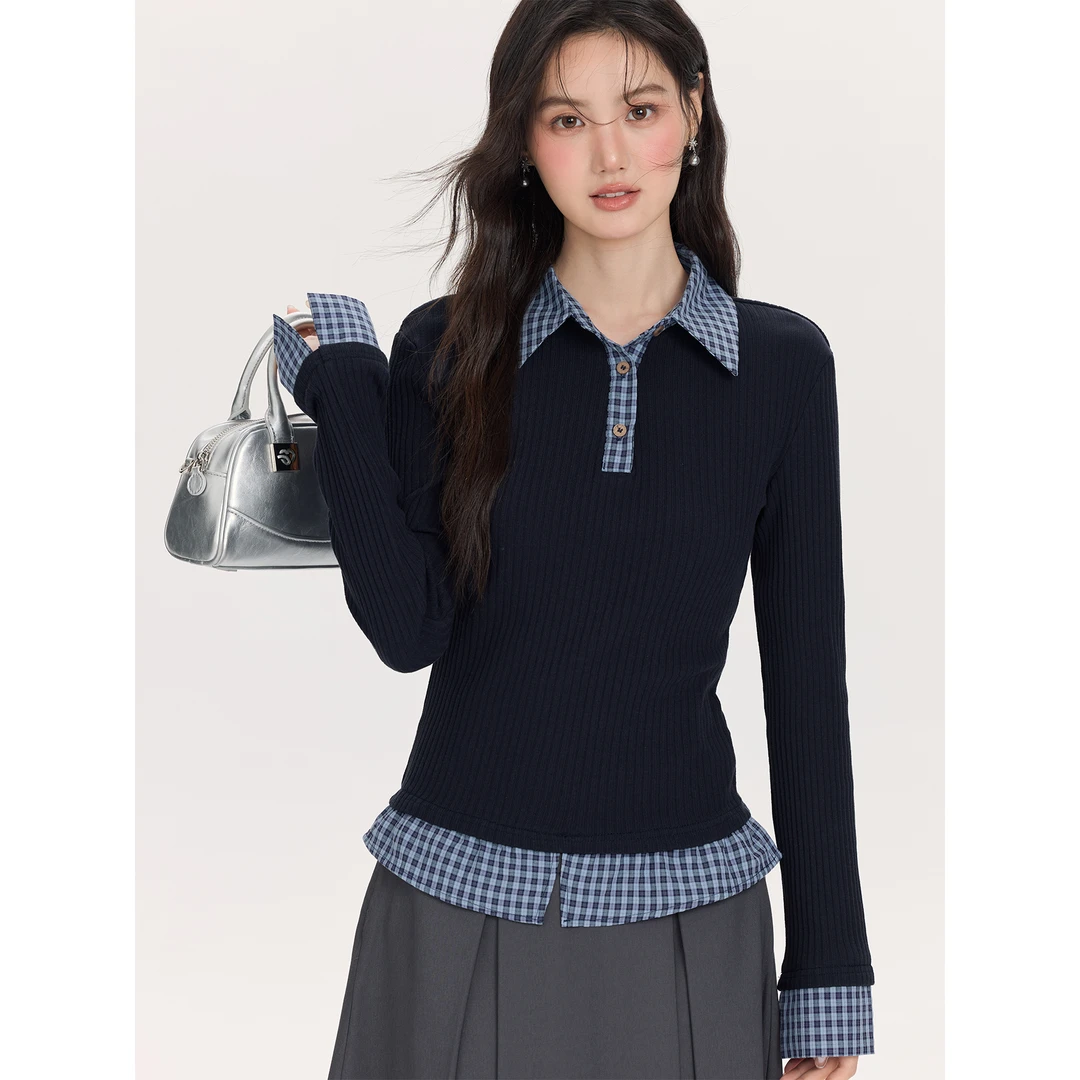 爱蔷薇大码拼接格子衬衫假两件针织衫女秋内搭polo领上衣GT78010