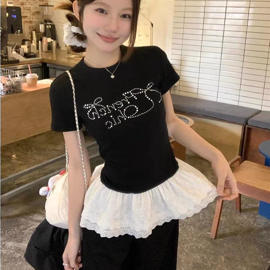 SAD辣妹蝴蝶结烫钻花边黑色短袖t恤女新款夏季修身显瘦正肩短上衣