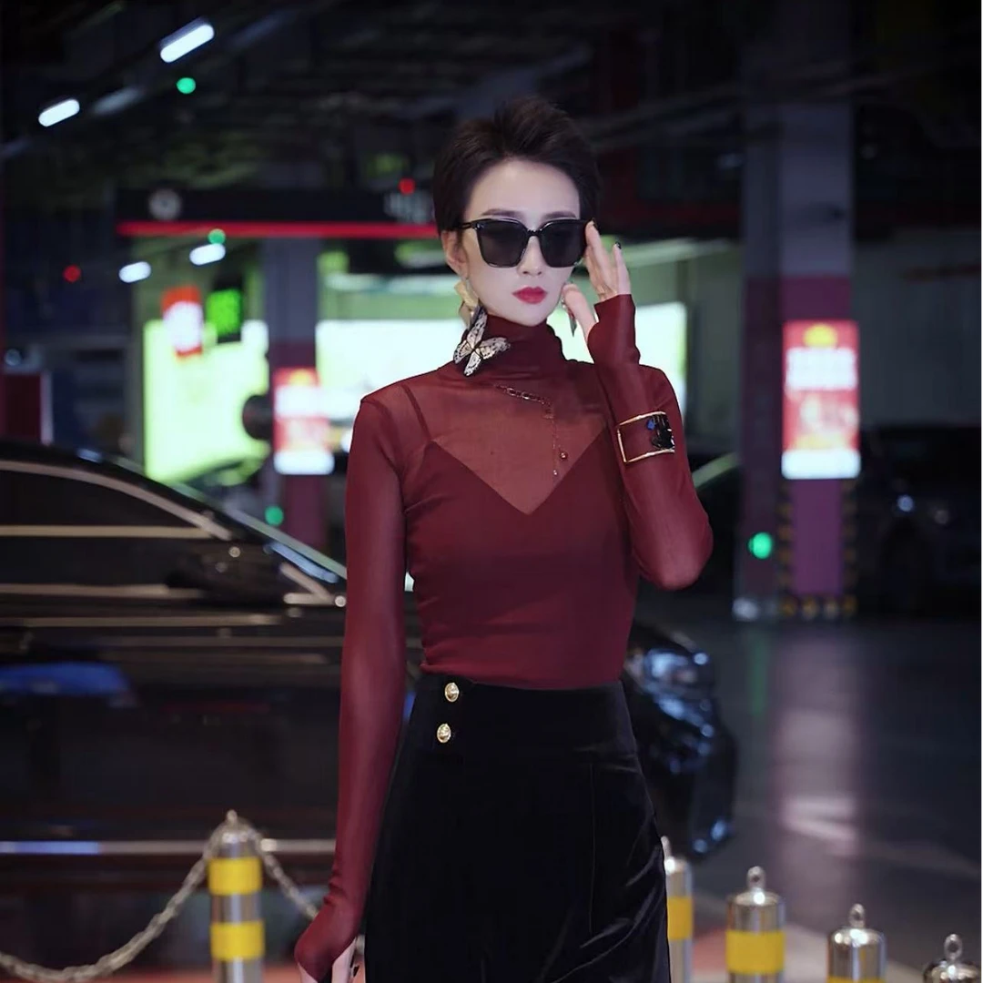 (文萱推荐）网纱性感微透蝴蝶打底上衣