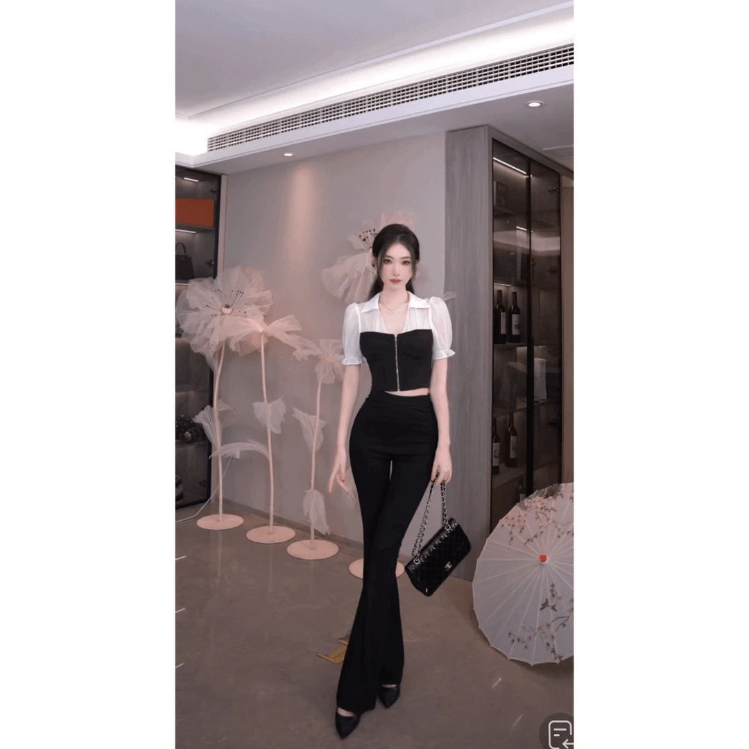 【雅乔宠粉专场】八角笼中 泡泡袖黑白拼接V领衬衫DYJF-23053417