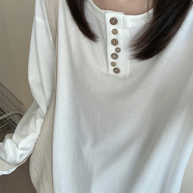 穿出高级感~白色纽扣纯棉长袖女韩宽松慵懒风设计感小众秋季上衣