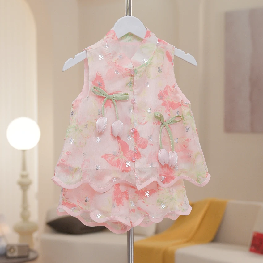 【现货】女童无袖女碎花复古夏季童装套装薄款中国风旗袍S17356