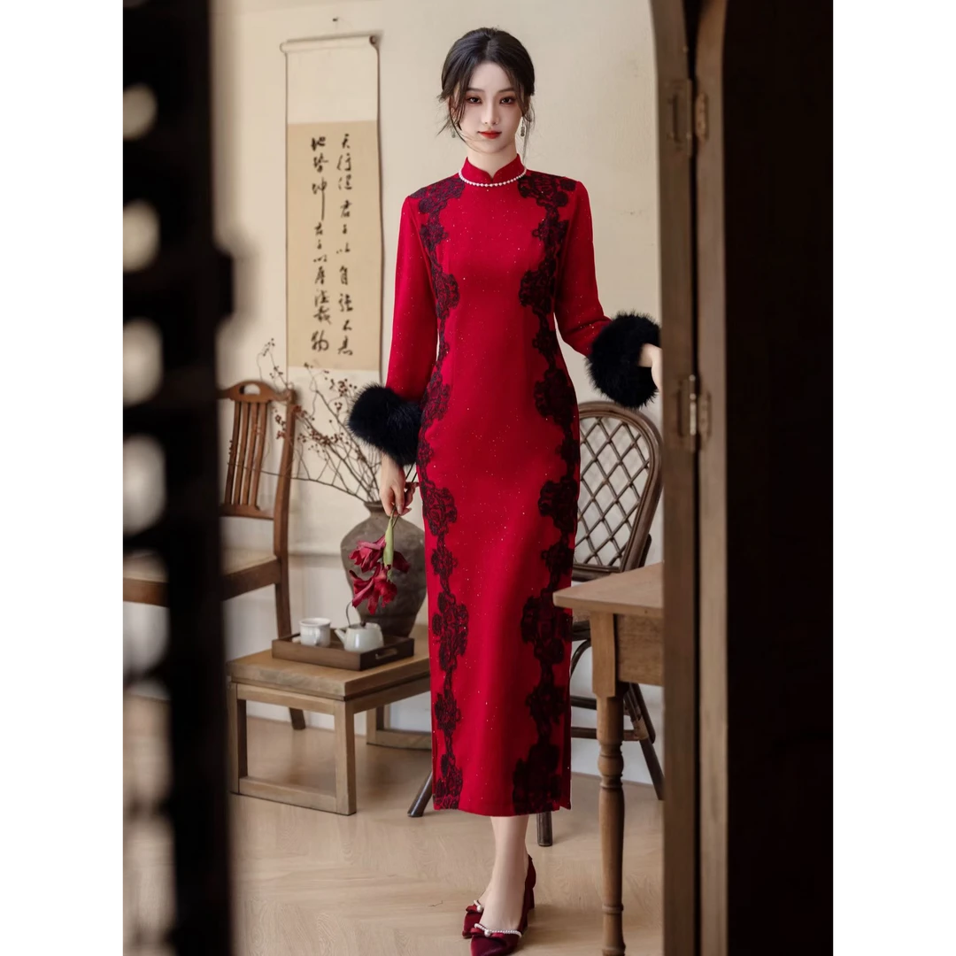 苏裳阁 新中式气质红色加绒旗袍2025秋冬季新款显白日常长连衣裙
