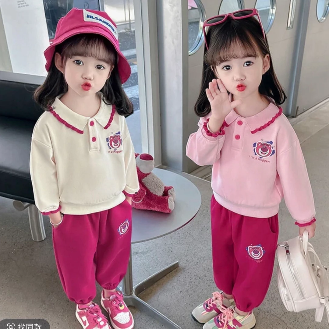2025年春秋新款儿童时尚休闲草莓熊POLO领卫衣套装韩版女童两件套