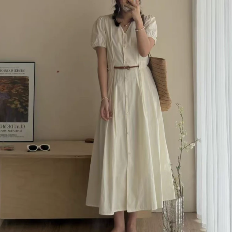 【现货】秋日白色收腰显瘦梨形身材气质时尚裙子复古连衣裙长裙