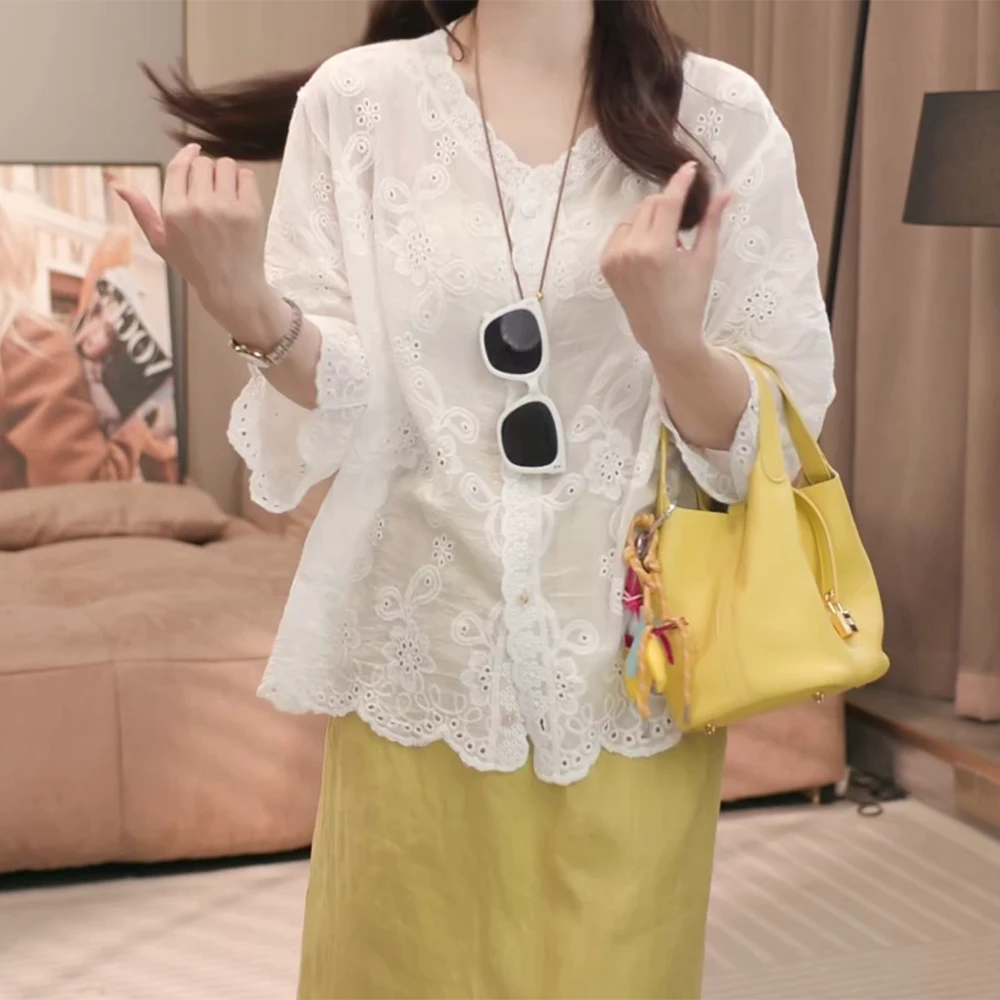 夏季新款短袖单排多扣夏季V领衬衫外搭女C5305