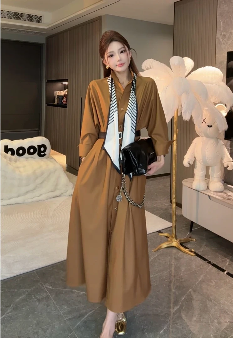 春季新款高级感气质通勤单排扣收腰系带风衣式连衣裙女小众设计