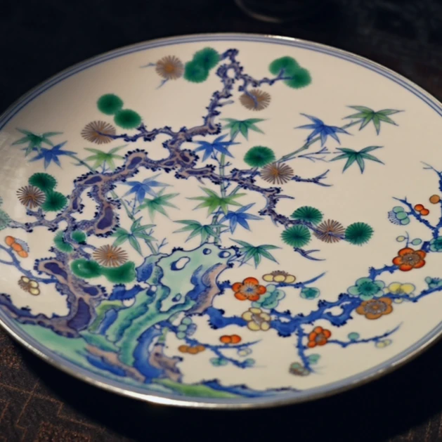 【景德詺兮】刘阳阳·加彩松竹梅包银口高足果盘MX9143