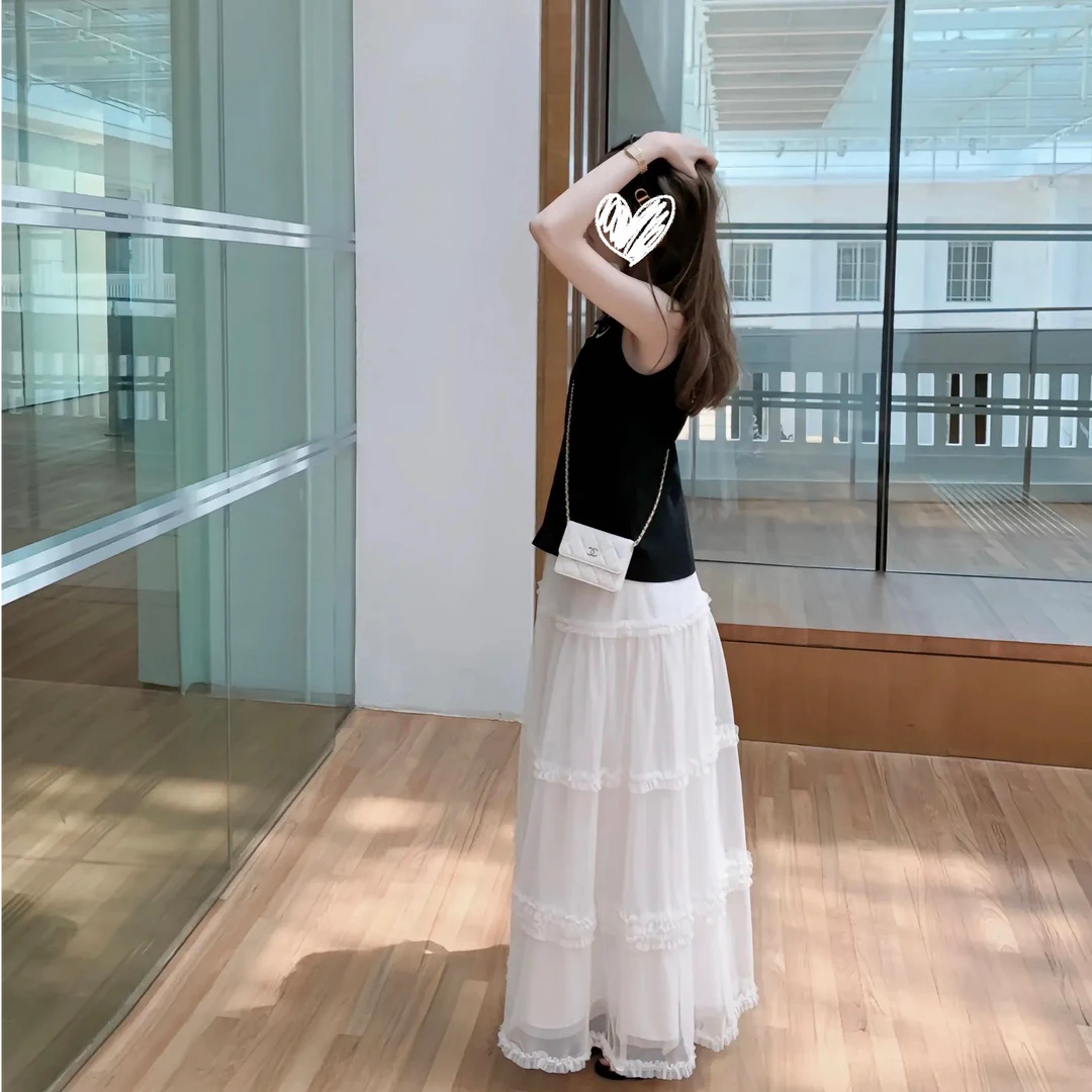 FCYSTUIDOHZJ黑色背心宽松百搭显瘦无袖露肩上衣蕾丝网纱半裙套装