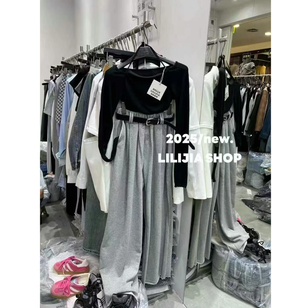 灰色卫裤春新款松紧腰宽松休闲裤子配腰带➕黑色挂脖一字肩上衣