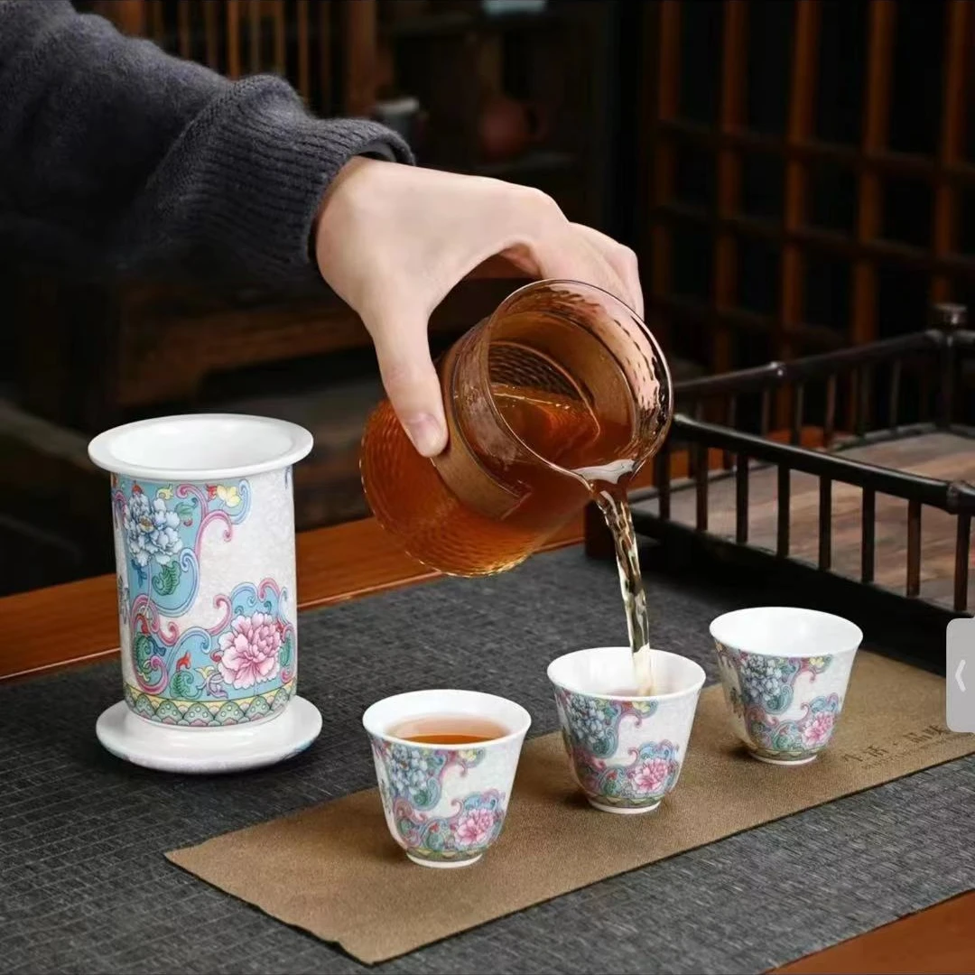 珐琅彩掐丝万花旅行茶具套装便携式快客杯户外泡茶壶-KK0508