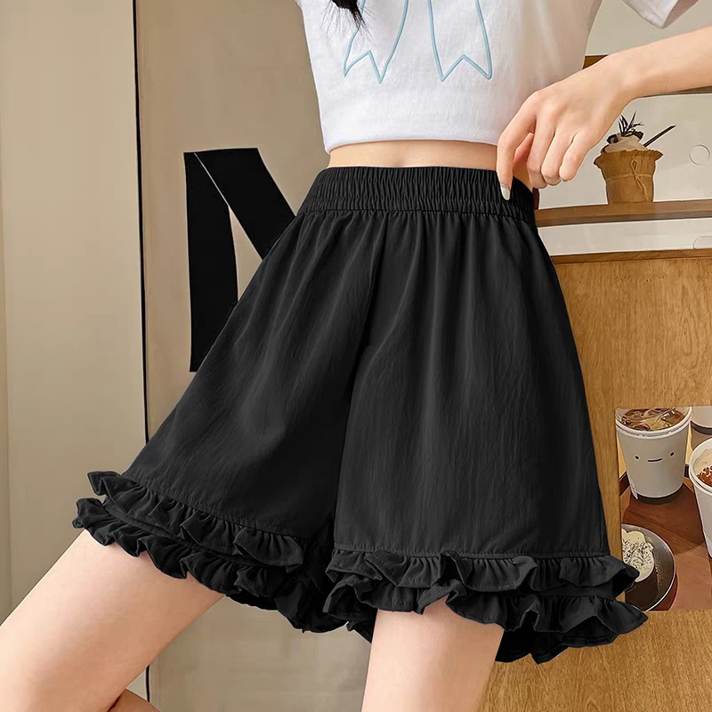 大码女裤夏松紧腰花苞短裤大摆裤子胖mm显瘦休闲花边衬裤裙阔腿裤