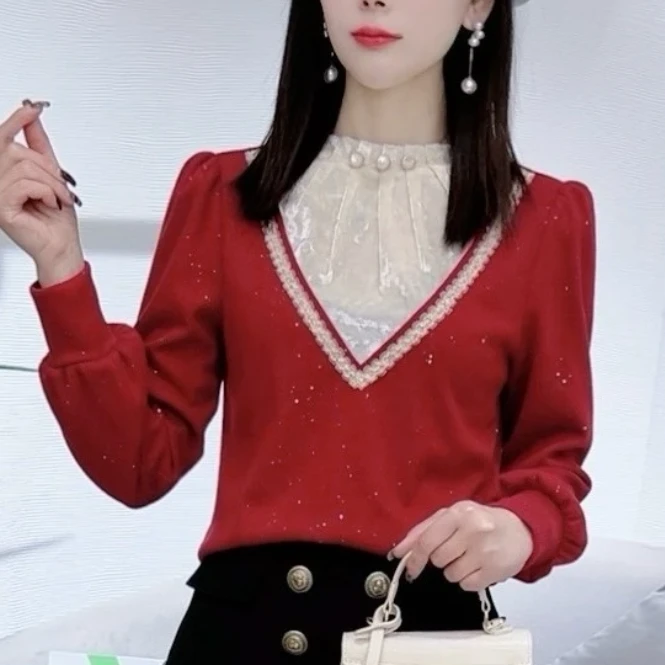 2025冬季新款保暖独特漂亮小衫洋气上衣加绒加厚法式蕾丝拼接打底