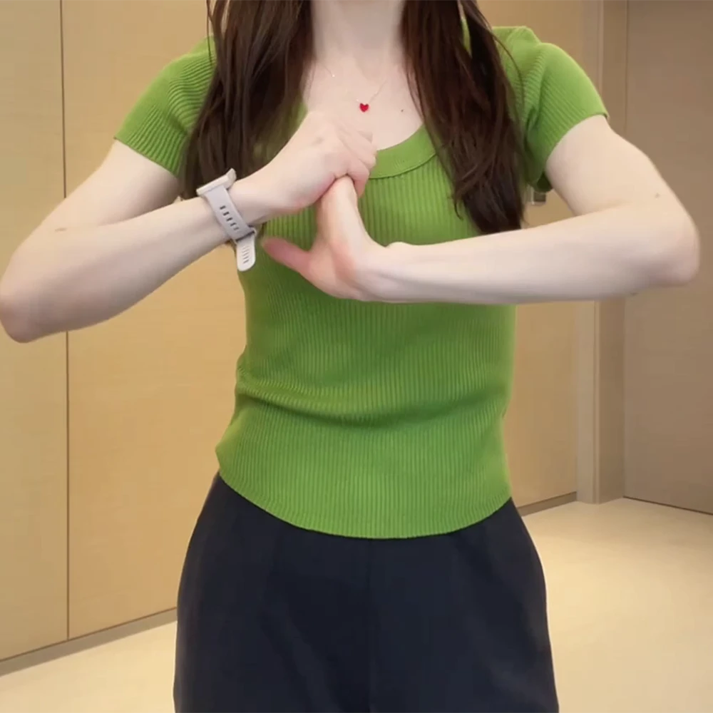 2025圆领运动针织T恤女春夏透气简约休闲百搭短袖时尚洋气