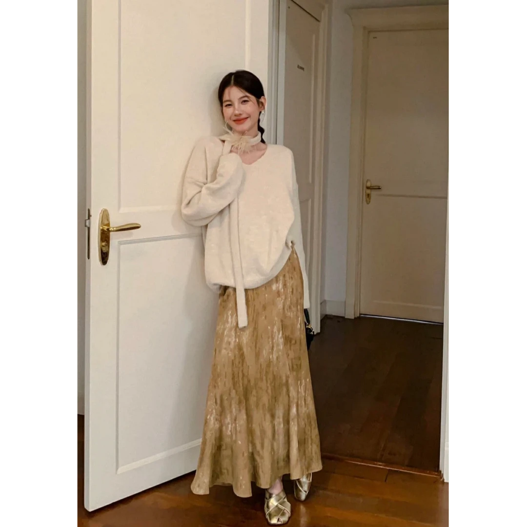 韩系氛围感毛毛飘带针织衫上衣扎染鱼尾收腰显瘦半身裙套装24957