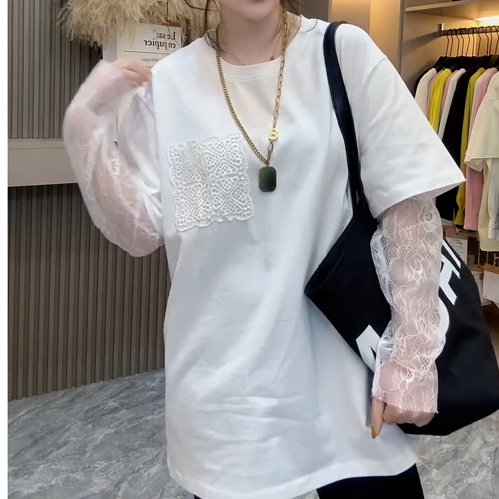 蕾丝袖拼接假两件设计感短袖T恤女夏季2025新宽松显瘦中长款上衣