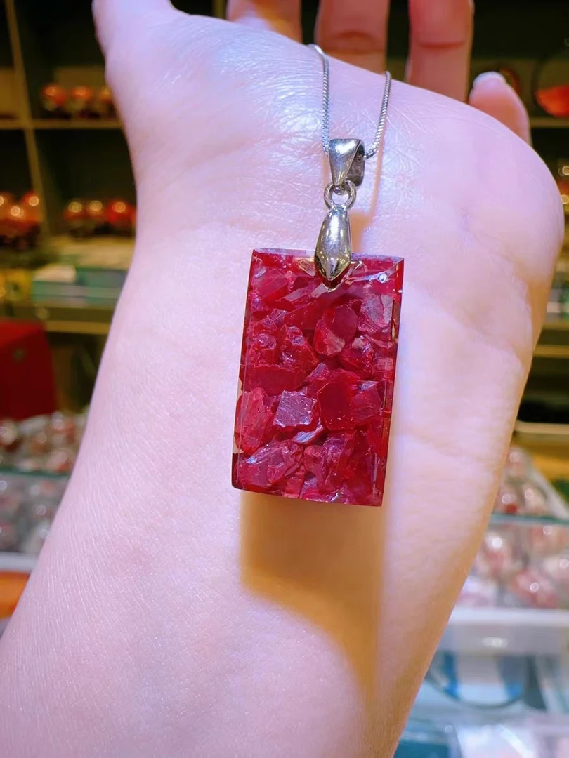 天然辰砂灵泽朱砂 【平安无事牌】高透晶体砂配S925银项链女士吊坠