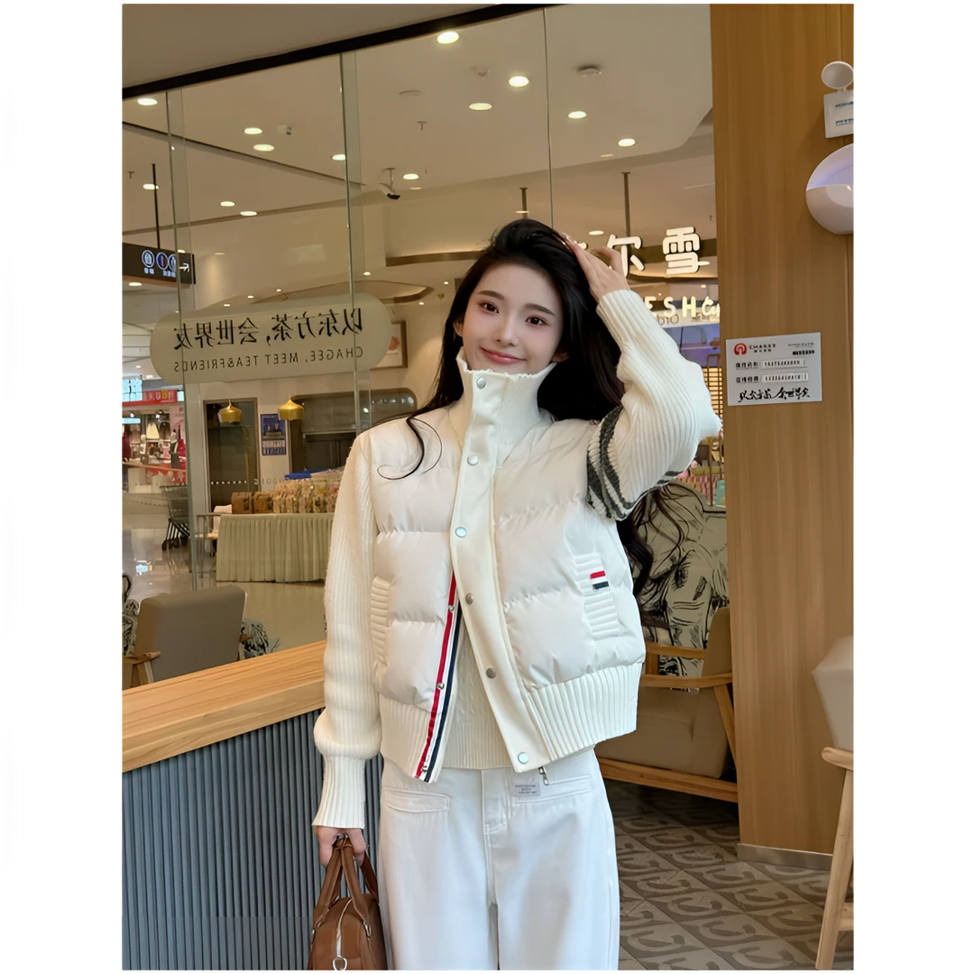 工厂直销【QIHONG】90白鸭绒轻暖拼接针织保暖女装短款羽绒服外套